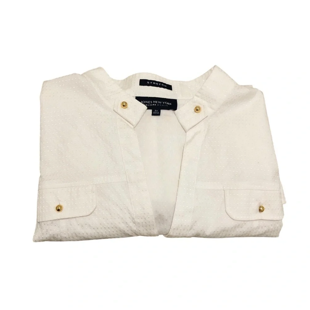 Jones New York Signature Women’s Pullover Blouse 3X White Stretch Gold Buttons - Picture 9 of 12